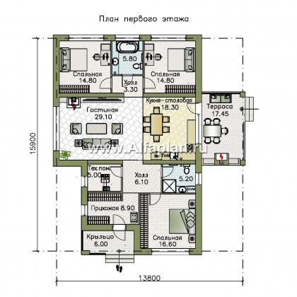 Проекты домов Альфаплан - «Притяжение» - одноэтажный дом с тремя спальнями - превью плана проекта №1