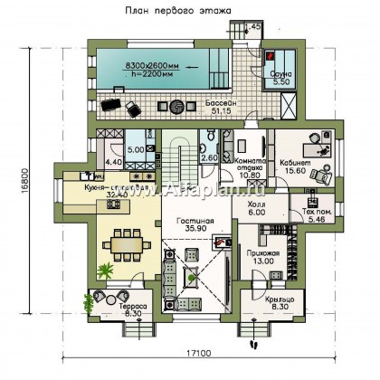«Арно» - проект двухэтажного дома, особняк с двусветной гостиной, с бассейном - превью план дома