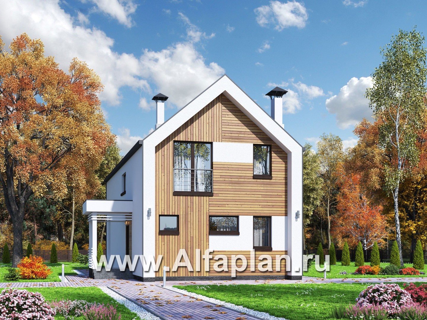 Проекты домов Альфаплан - «Барн» - современный мансардный дом с боковой террасой и балконом - основное изображение