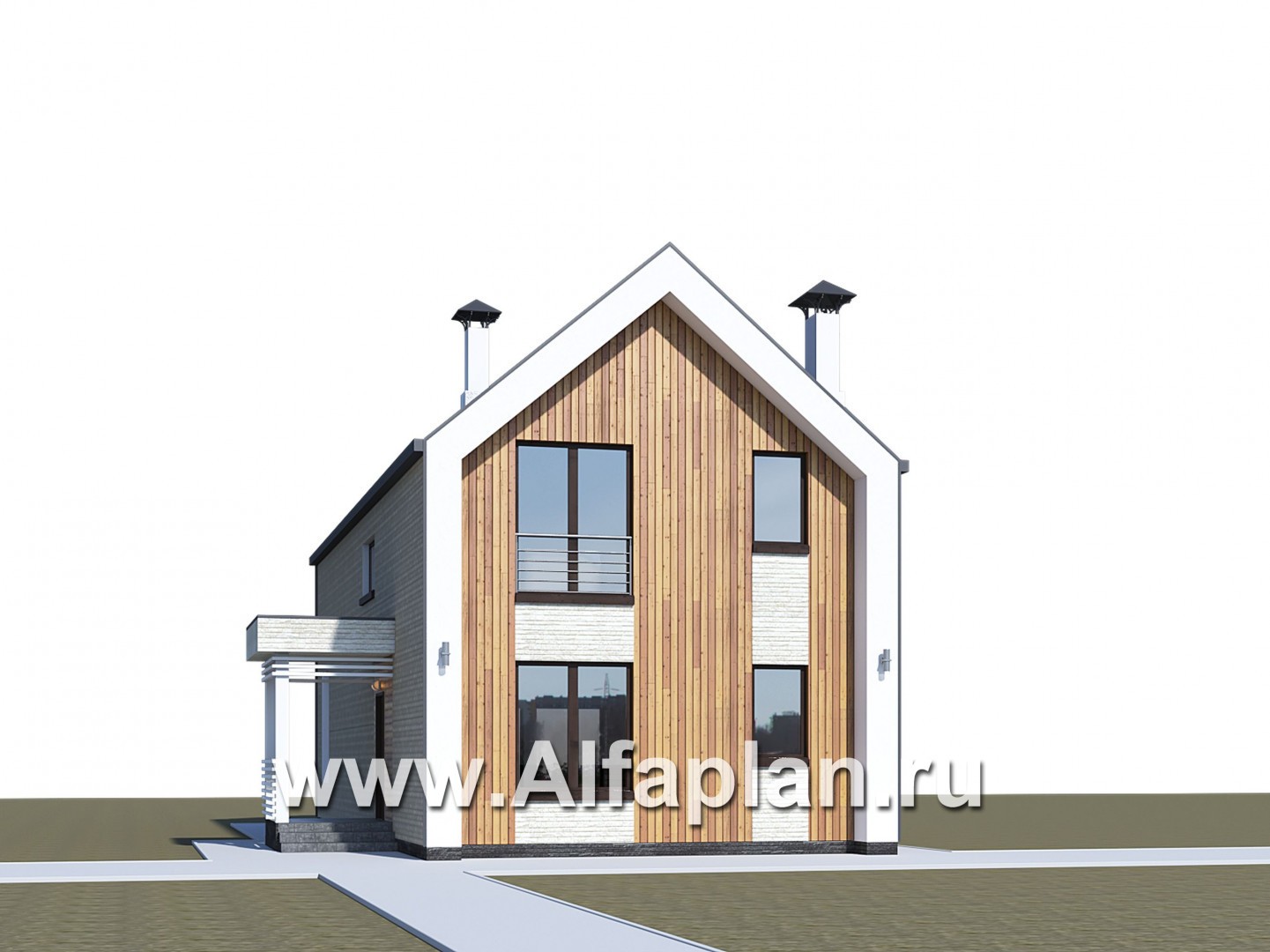 Проекты домов Альфаплан - «Барн» - современный мансардный дом с боковой террасой и балконом - дополнительное изображение №1