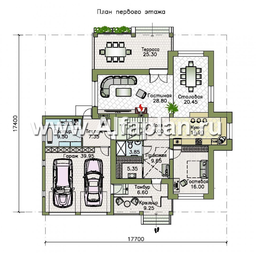 Проекты домов Альфаплан - "Монтекки" - двухэтажный коттедж с гаражом на две машины - план проекта №1