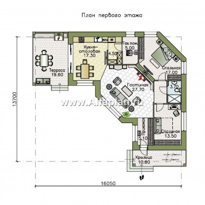 «Ореол» - проект одноэтажного дома, с оригинальным планом,  с террасой, планировка дома 2 спальни - превью план дома