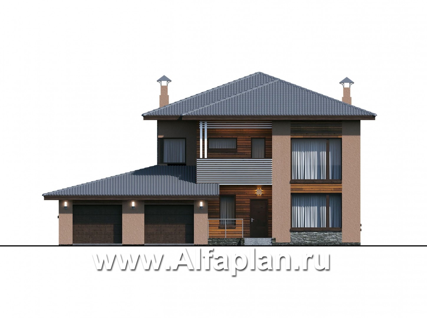 Проекты домов Альфаплан - "Золотой ключик" - план дома, где все спальни с душевыми - изображение фасада №1