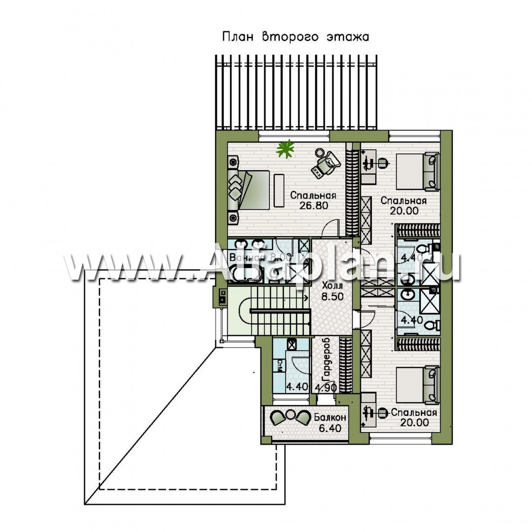 Проекты домов Альфаплан - "Золотой ключик" - план дома, где все спальни с душевыми - изображение плана проекта №2