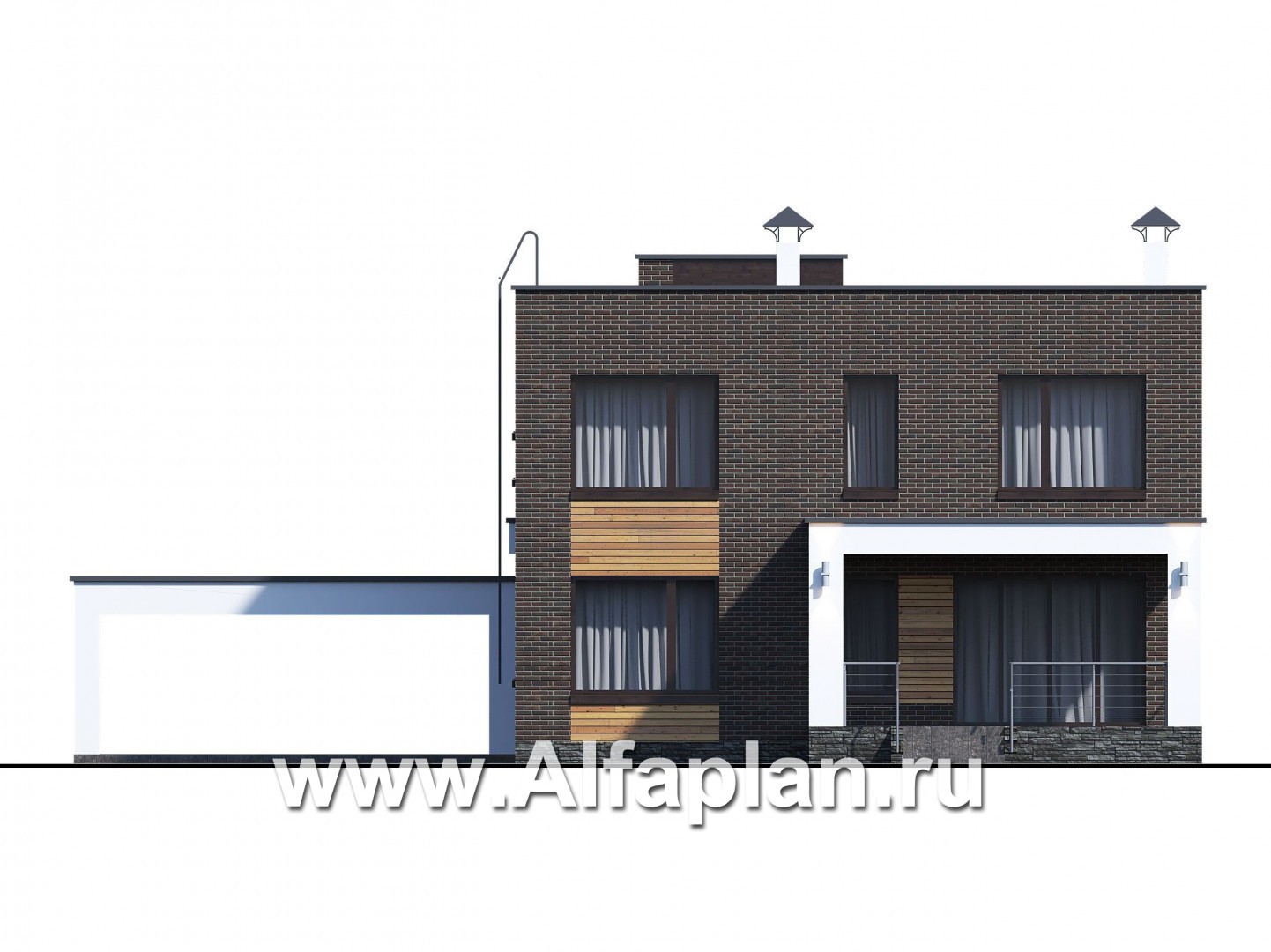 Проекты домов Альфаплан - «Эрго» - проект двухэтажного дома с плоской кровлей 10х10м, с гаражом-навесом - изображение фасада №3
