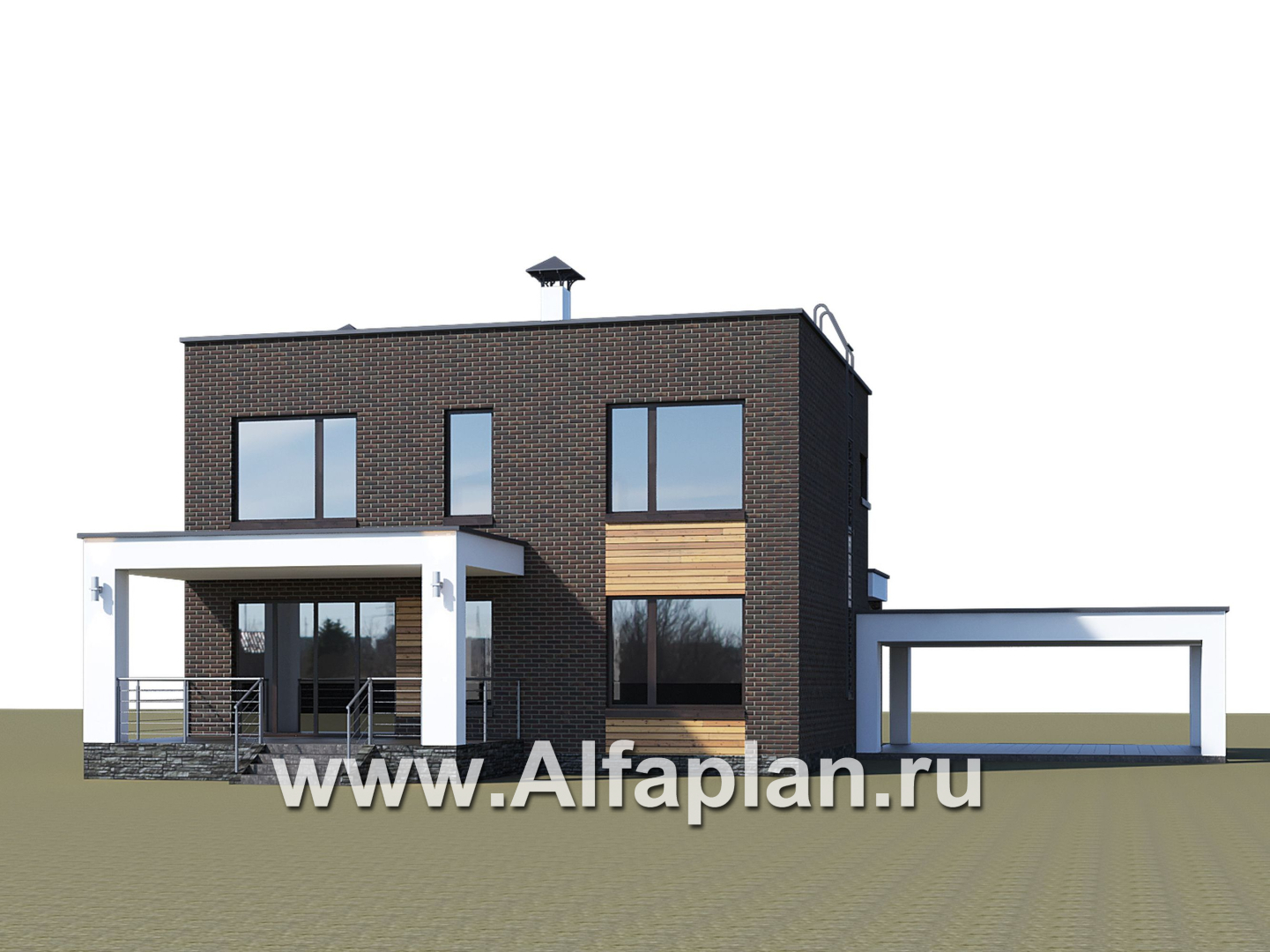 Проекты домов Альфаплан - «Эрго» - проект двухэтажного дома с плоской кровлей 10х10м, с гаражом-навесом - дополнительное изображение №2