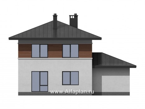Проект двухэтажного дома из газобетона, планировка с кабинетом на 1 эт и с террасой, с гаражом на 1 авто - превью фасада дома