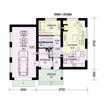Проект двухэтажного дома из газобетона, планировка с кабинетом на 1 эт и с террасой, с гаражом на 1 авто - превью план дома