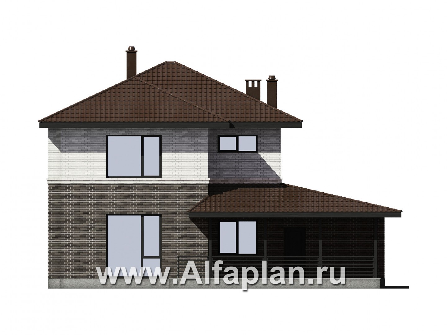 Проект двухэтажного дома из газобетона или кирпича, с террасой и гостевой квартирой - фасад дома