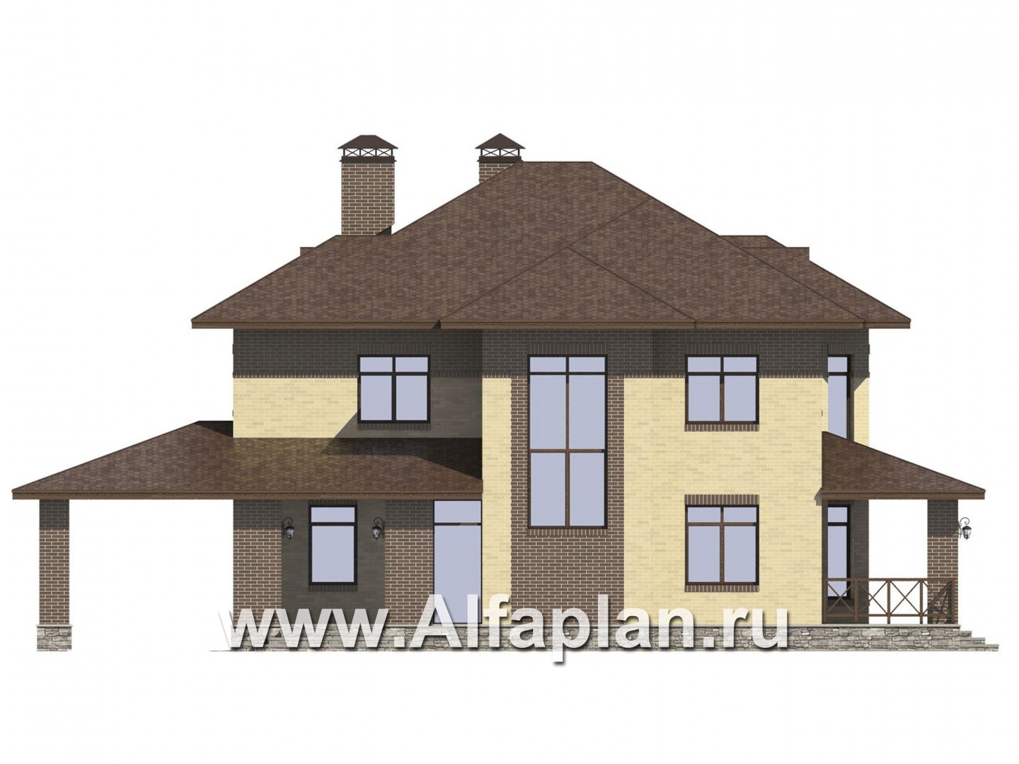 Проекты домов Альфаплан - Проект комфортного коттеджа с навесом для машины - изображение фасада №1