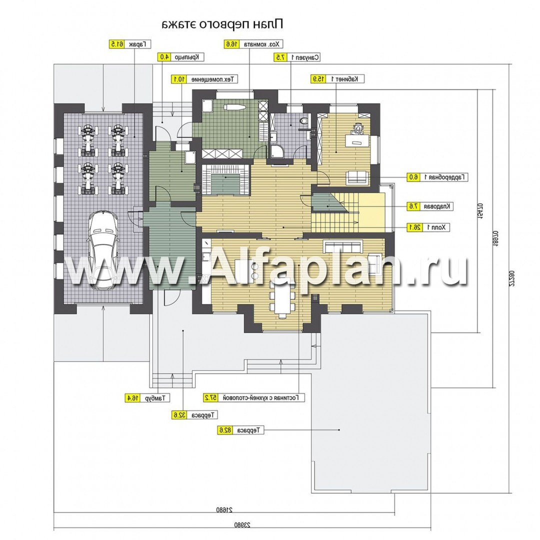 Проекты домов Альфаплан - Проект современного особняка с гаражом и большой террасой - план проекта №1
