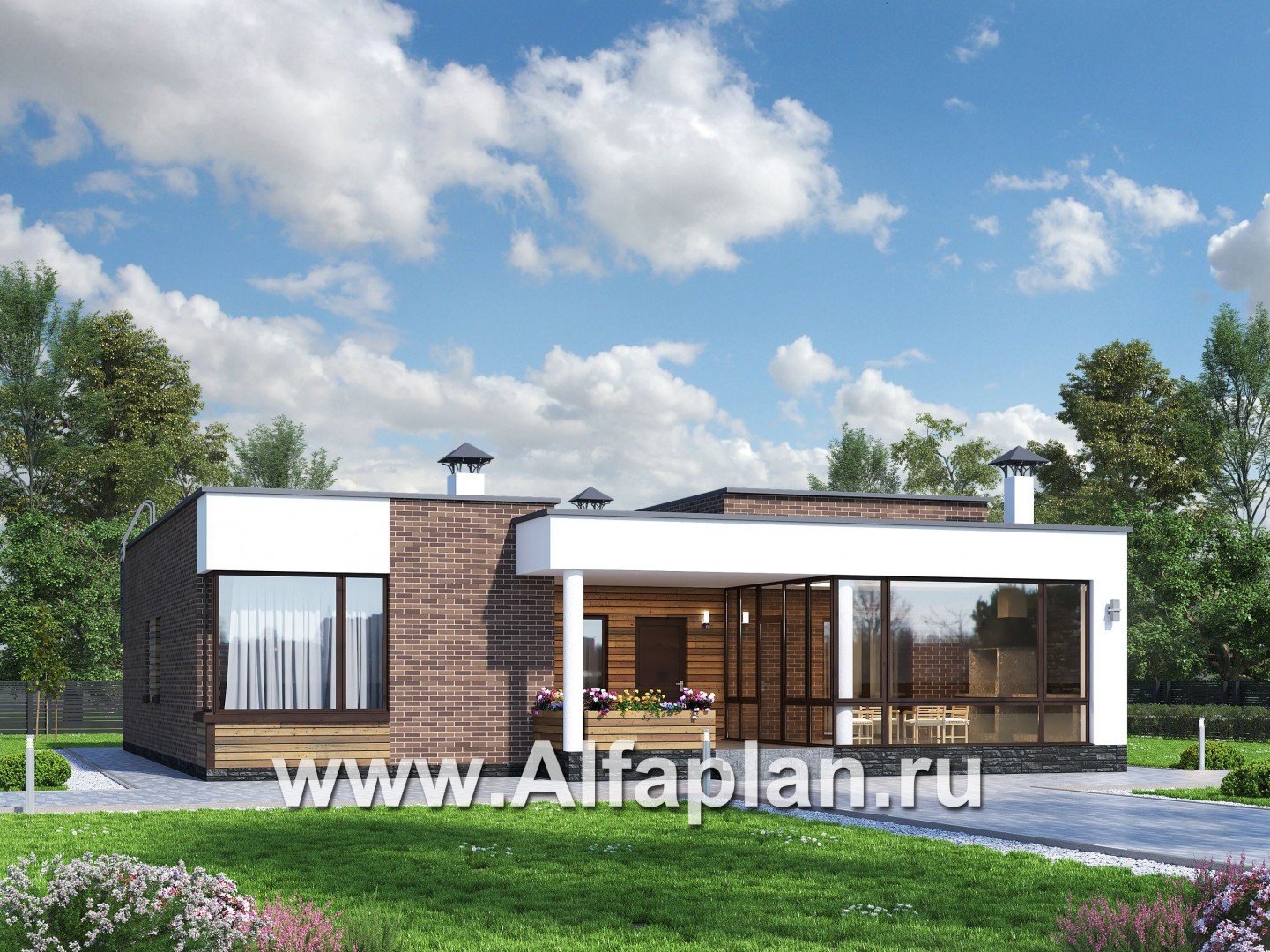 Проекты домов Альфаплан - «Фортис» - одноэтажный дом с плоской кровлей - основное изображение