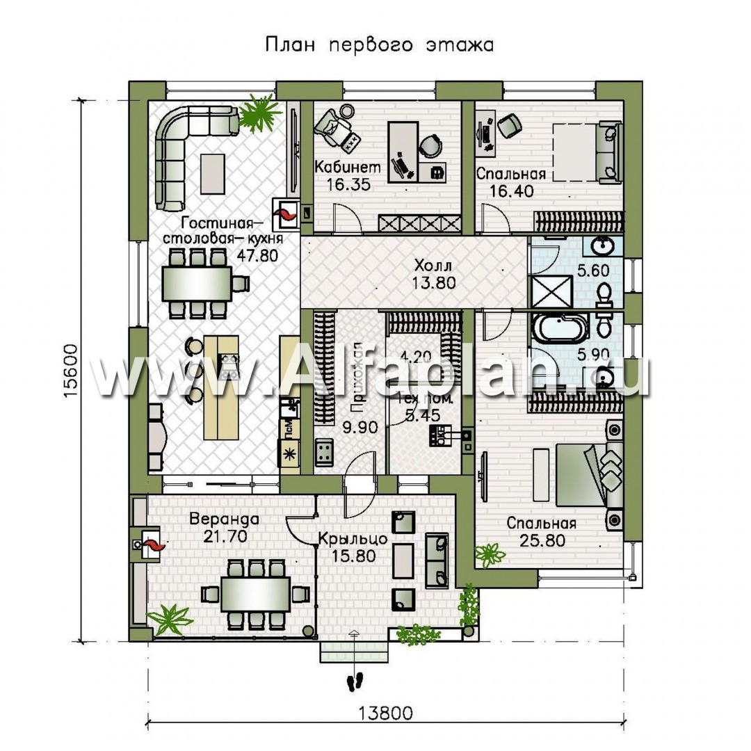 Проекты домов Альфаплан - «Фортис» - одноэтажный дом с плоской кровлей - план проекта №1