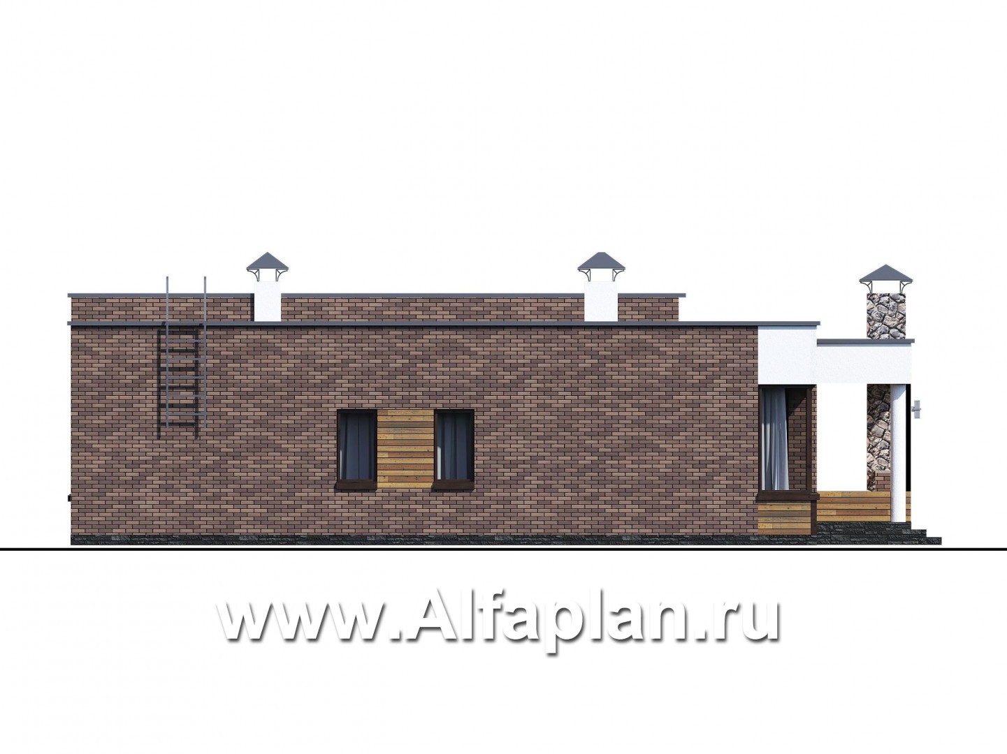 Проекты домов Альфаплан - «Фортис» - одноэтажный дом с плоской кровлей, и грилем на террасе - изображение фасада №2