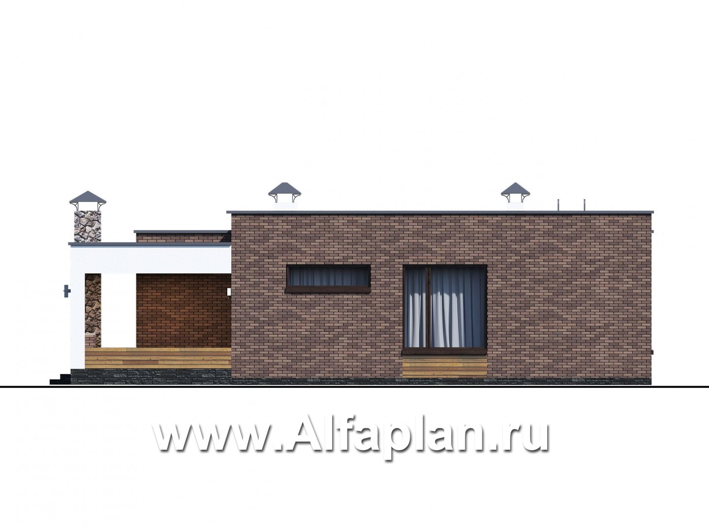 Проекты домов Альфаплан - «Фортис» - одноэтажный дом с плоской кровлей, и грилем на террасе - изображение фасада №4