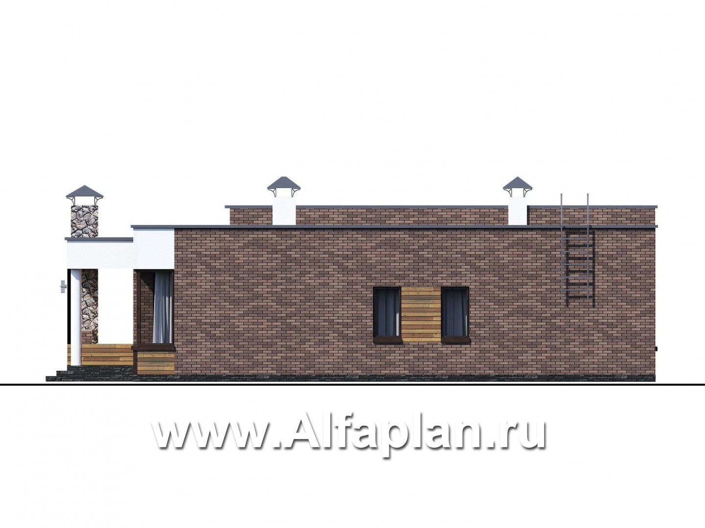 Проекты домов Альфаплан - «Фортис» - одноэтажный дом с плоской кровлей, и грилем на террасе - изображение фасада №2