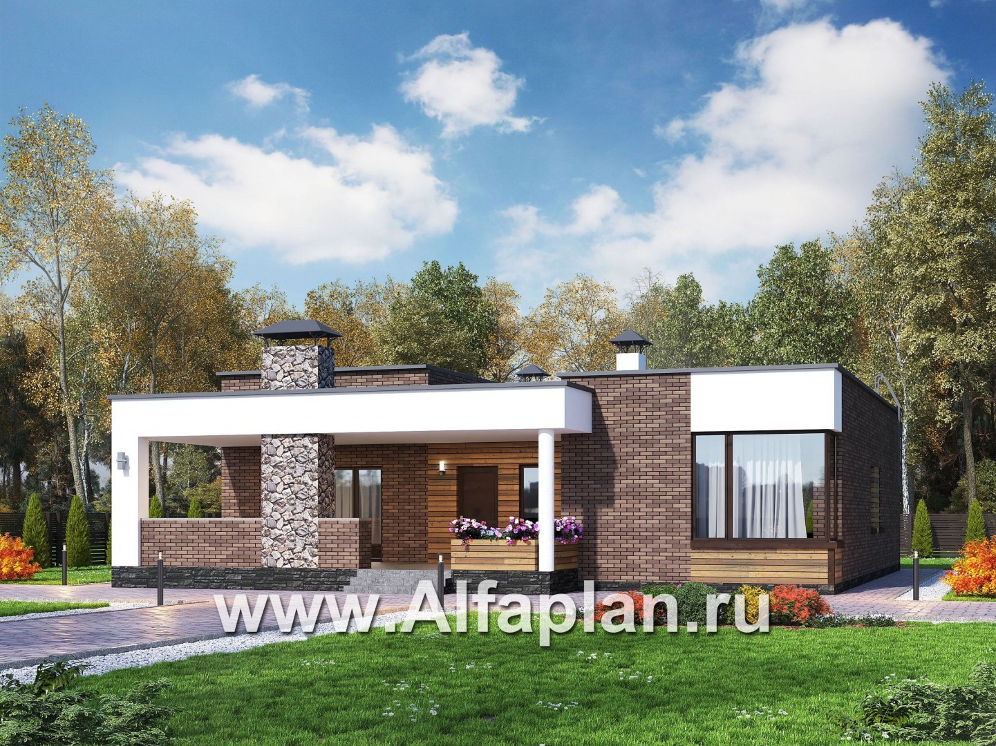Проекты домов Альфаплан - «Фортис» - одноэтажный дом с плоской кровлей, и грилем на террасе - основное изображение