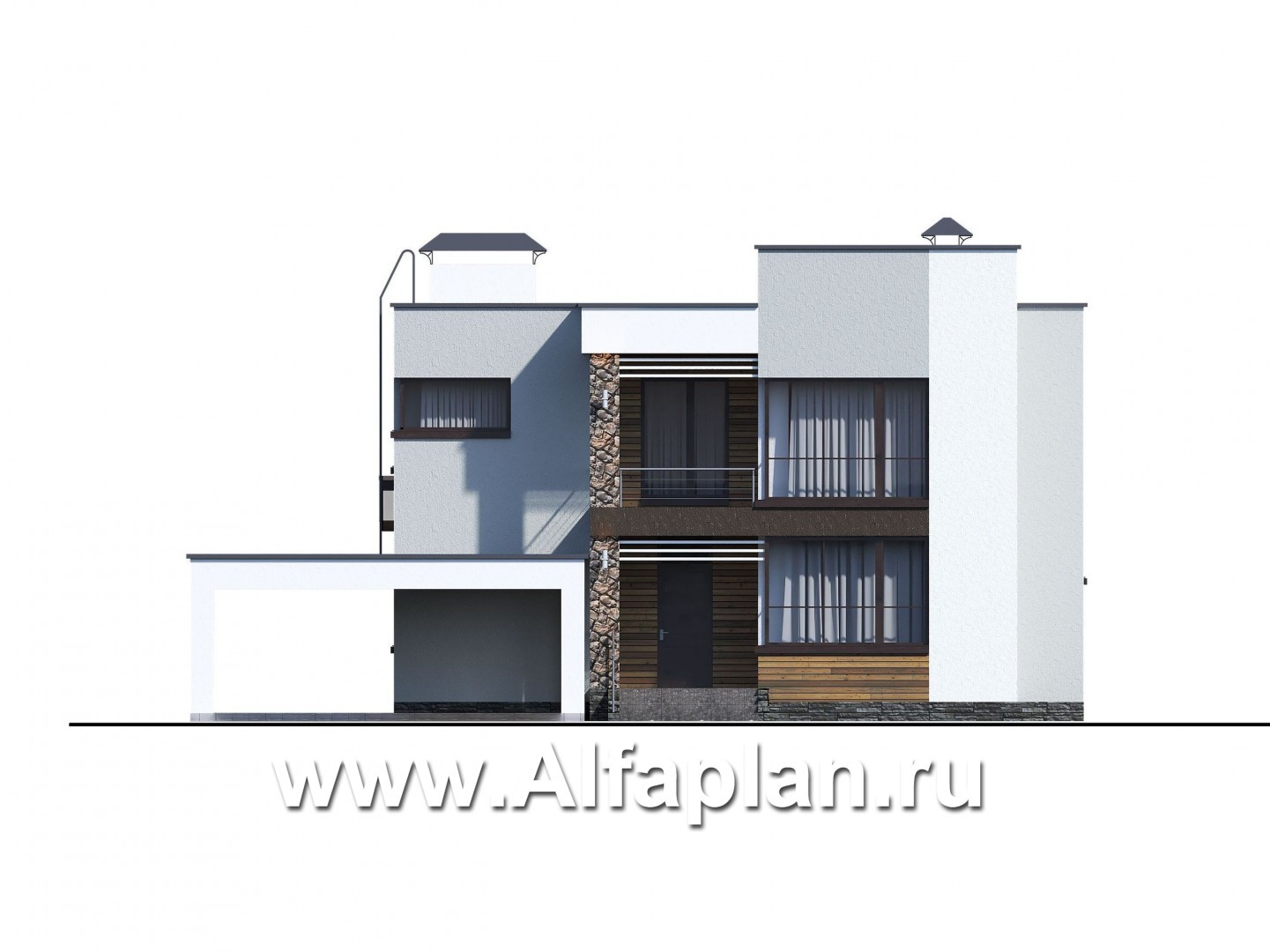 Проекты домов Альфаплан - «Престиж» - проект удобного и просторного дома с плоской кровлей, и гаражом-навесом - изображение фасада №1