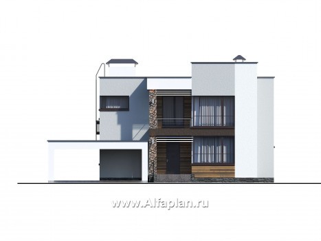 Проекты домов Альфаплан - «Престиж» - проект удобного и просторного дома с плоской кровлей, и гаражом-навесом - превью фасада №1