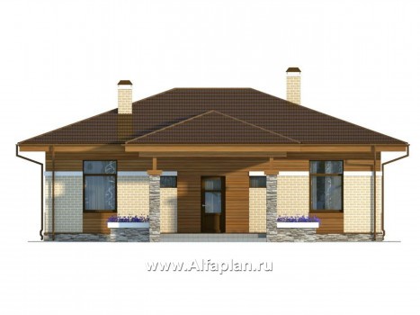 Проект одноэтажного дома, 2 спальни, с эркером и с сауной, для небольшой семьи - превью фасада дома