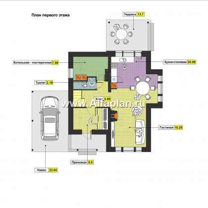 Проекты домов Альфаплан - Компактный коттедж с навесом - превью плана проекта №1