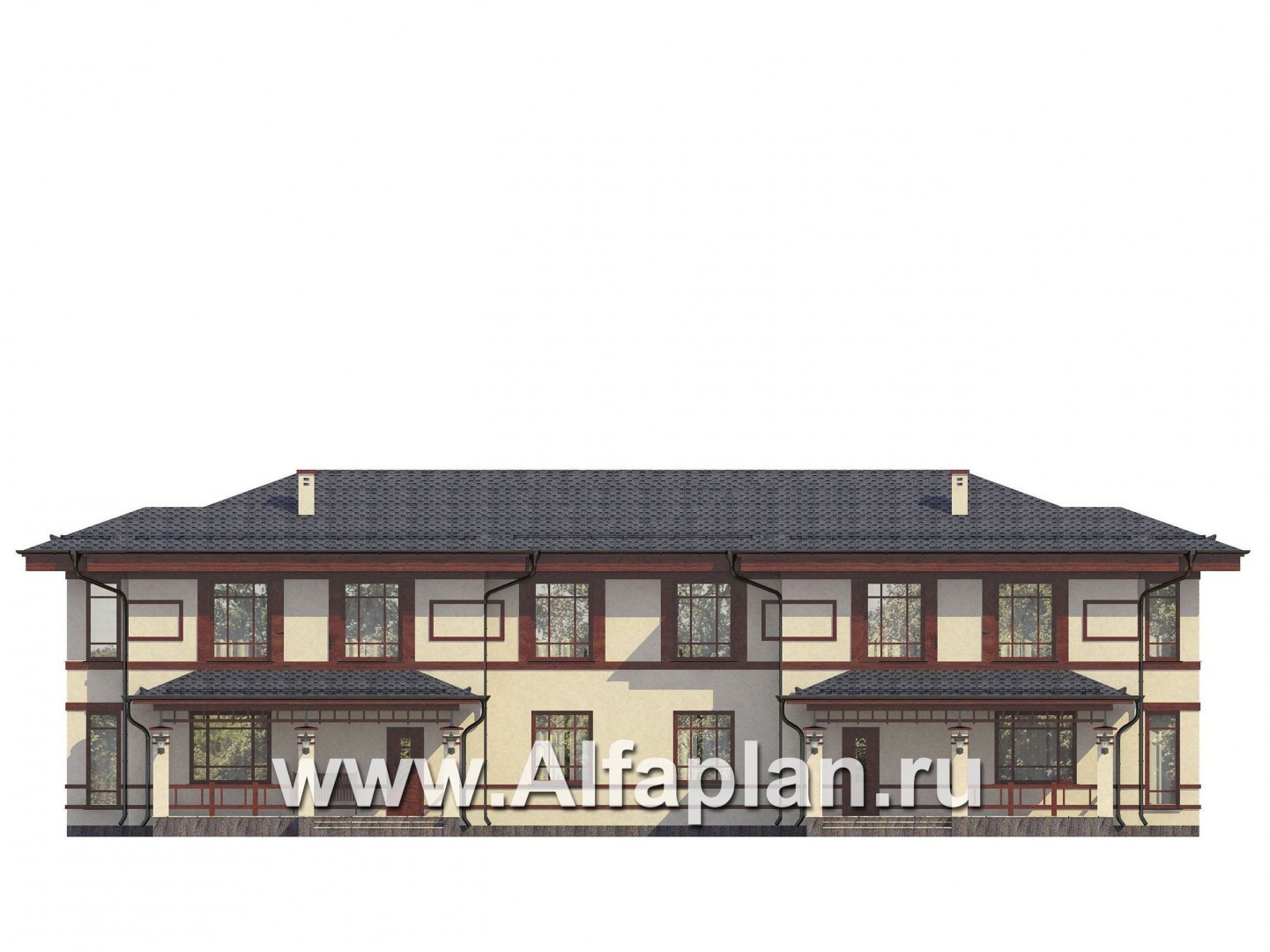 Проекты домов Альфаплан - Проект комфортного дома на две семьи - изображение фасада №1