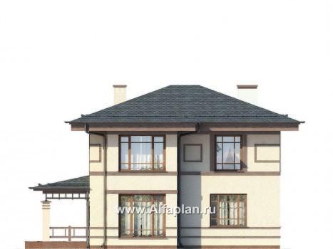 Проект двухэтажного дома, планировка с террасой со стороны входа, с эркером - превью фасада дома