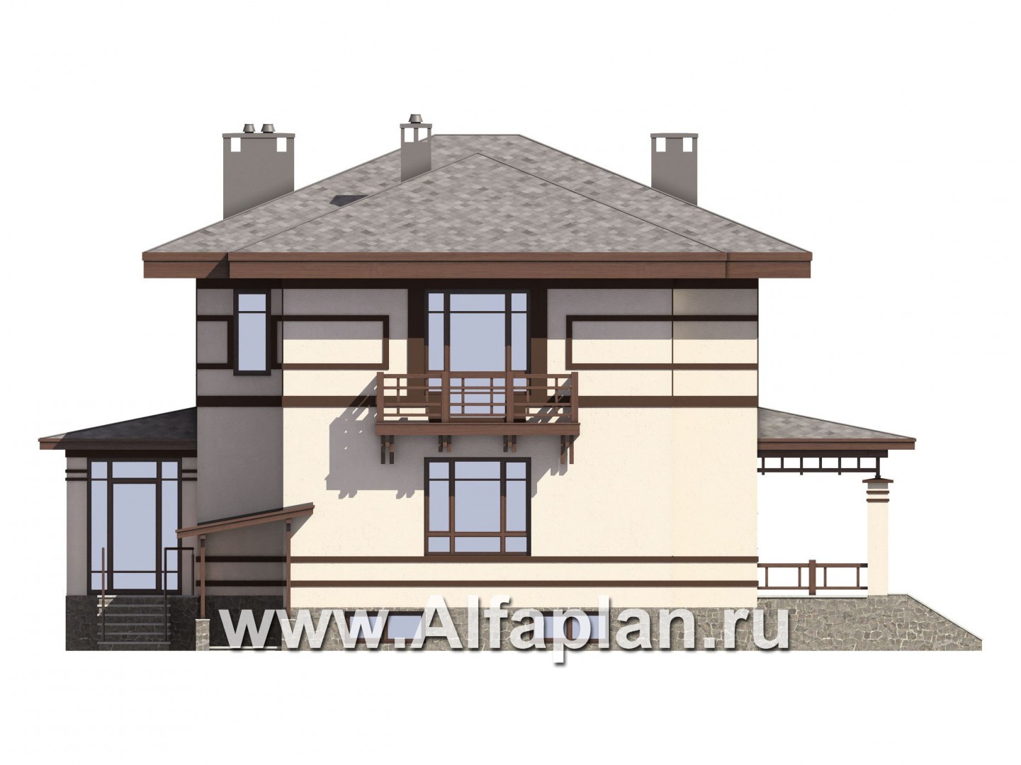 Проекты домов Альфаплан - Проект вухэтажного особняка с цокольным этажом - изображение фасада №4