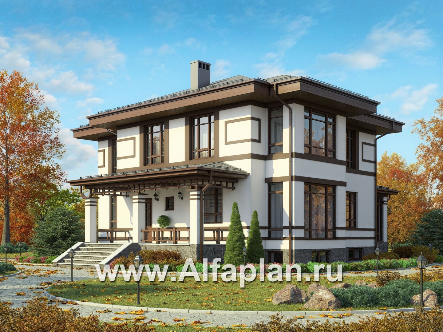 Проекты домов Альфаплан - Проект вухэтажного особняка с цокольным этажом - основное изображение