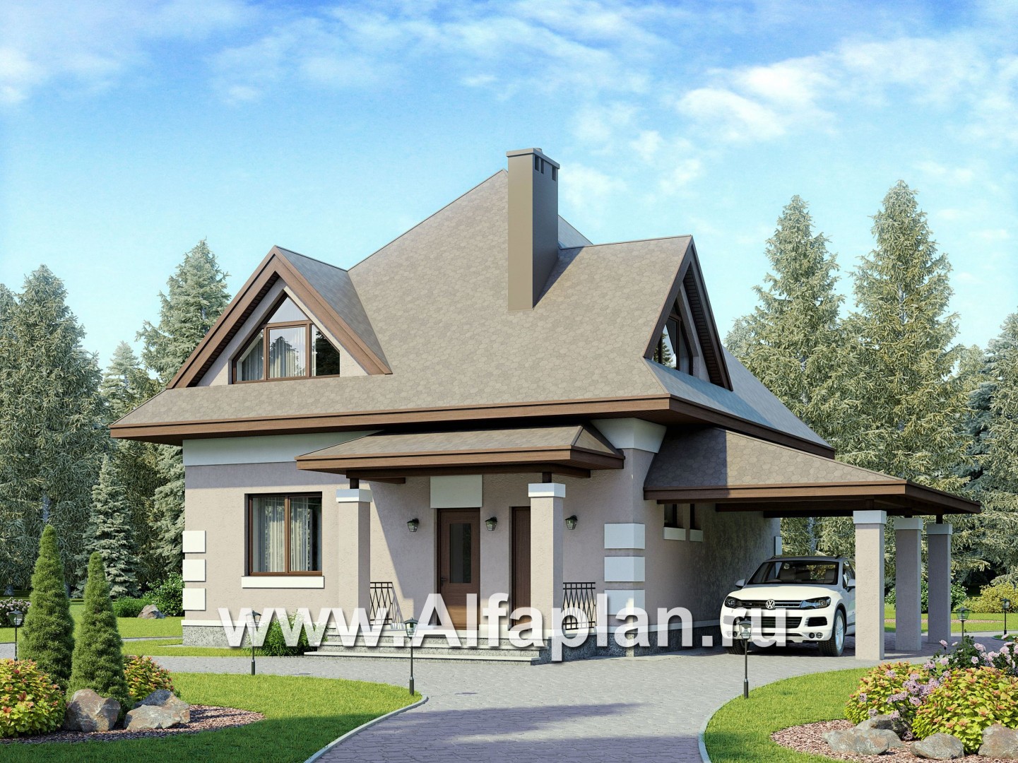 Проекты домов Альфаплан - Проект экономичного дома с навесом для машины - основное изображение