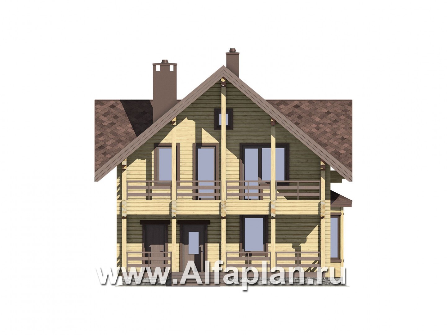 Проекты домов Альфаплан - Проект удобного деревянного дома с террасами - изображение фасада №1