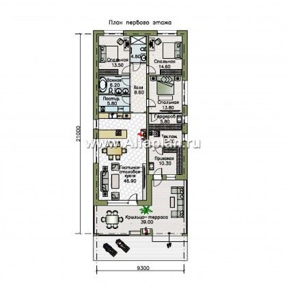 Проекты домов Альфаплан - «Эвтерпа» - одноэтажный дом с  тремя спальнями для узкого участка - превью плана проекта №1
