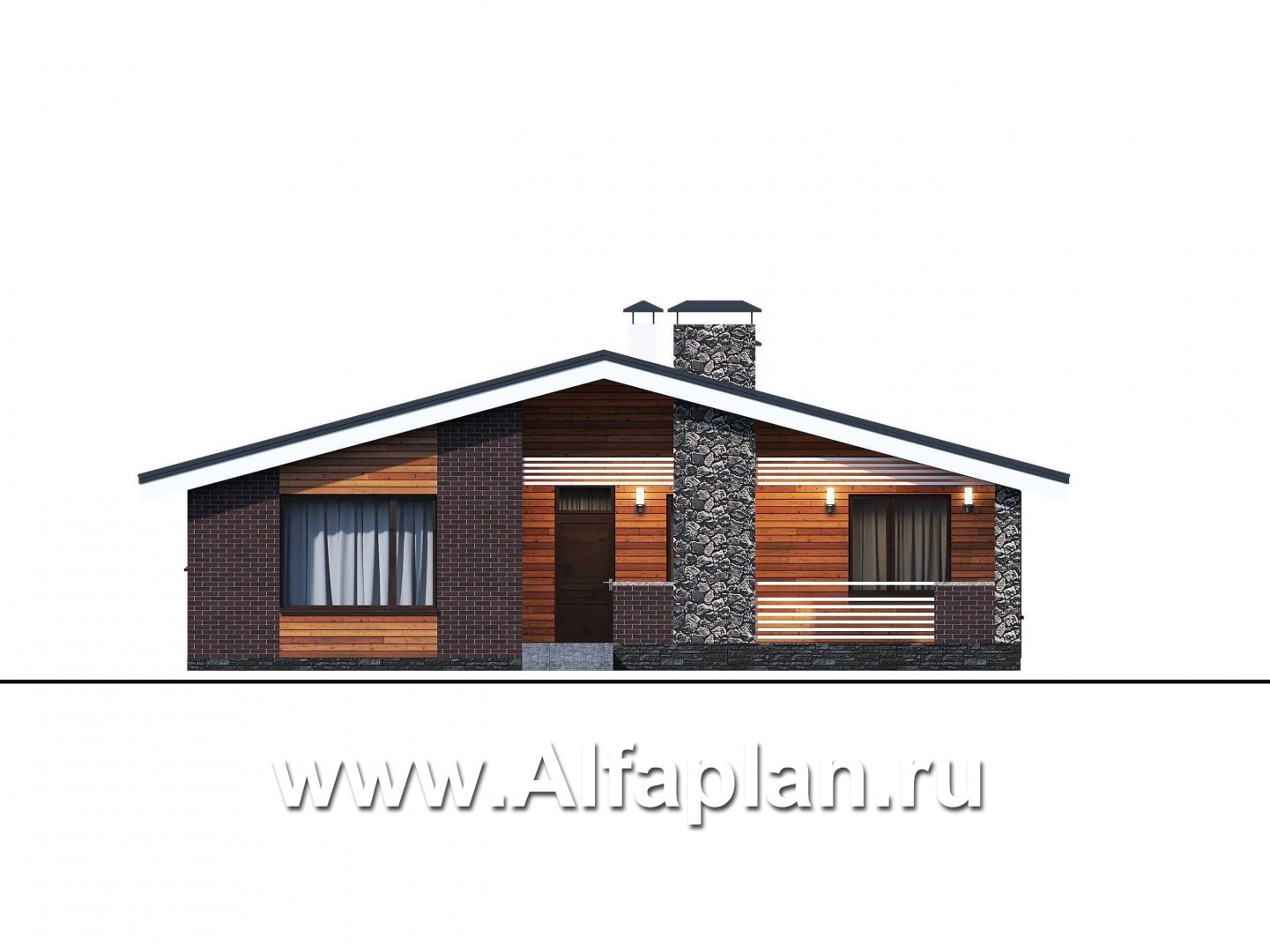 «Веда» - проект одноэтажного дома с сауной, с террасой, с двускатной крышей - фасад дома
