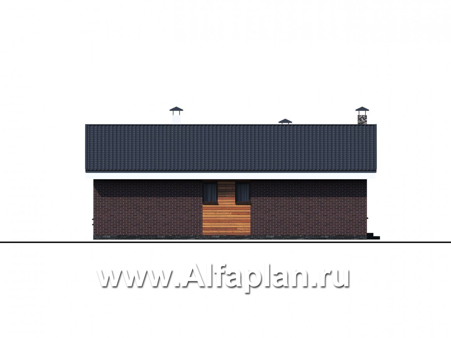 Проекты домов Альфаплан - «Веда» - проект одноэтажного дома с двускатной кровлей (три спальни) - изображение фасада №1