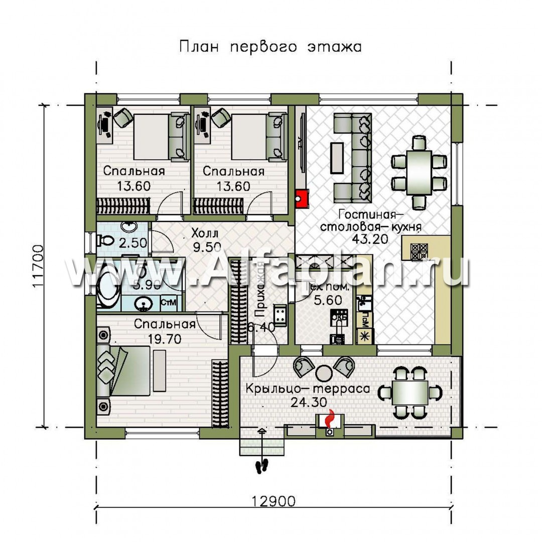 Проекты домов Альфаплан - «Веда» - проект одноэтажного дома с двускатной кровлей (три спальни) - план проекта №1