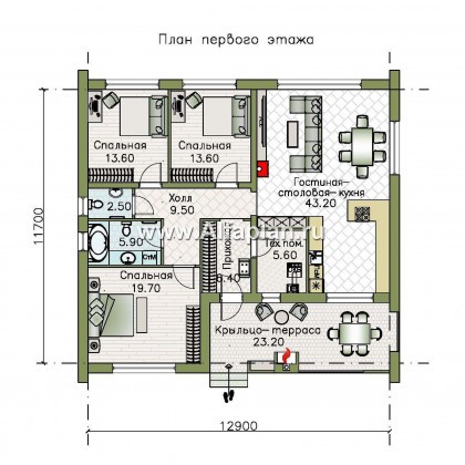 Проекты домов Альфаплан - «Веда» - проект одноэтажного дома в стиле барн (три спальни) - превью плана проекта №1