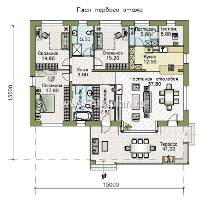 Проекты домов Альфаплан - «Бережки» - одноэтажный коттедж:  удачный план дома, красивый фасад - превью плана проекта №1