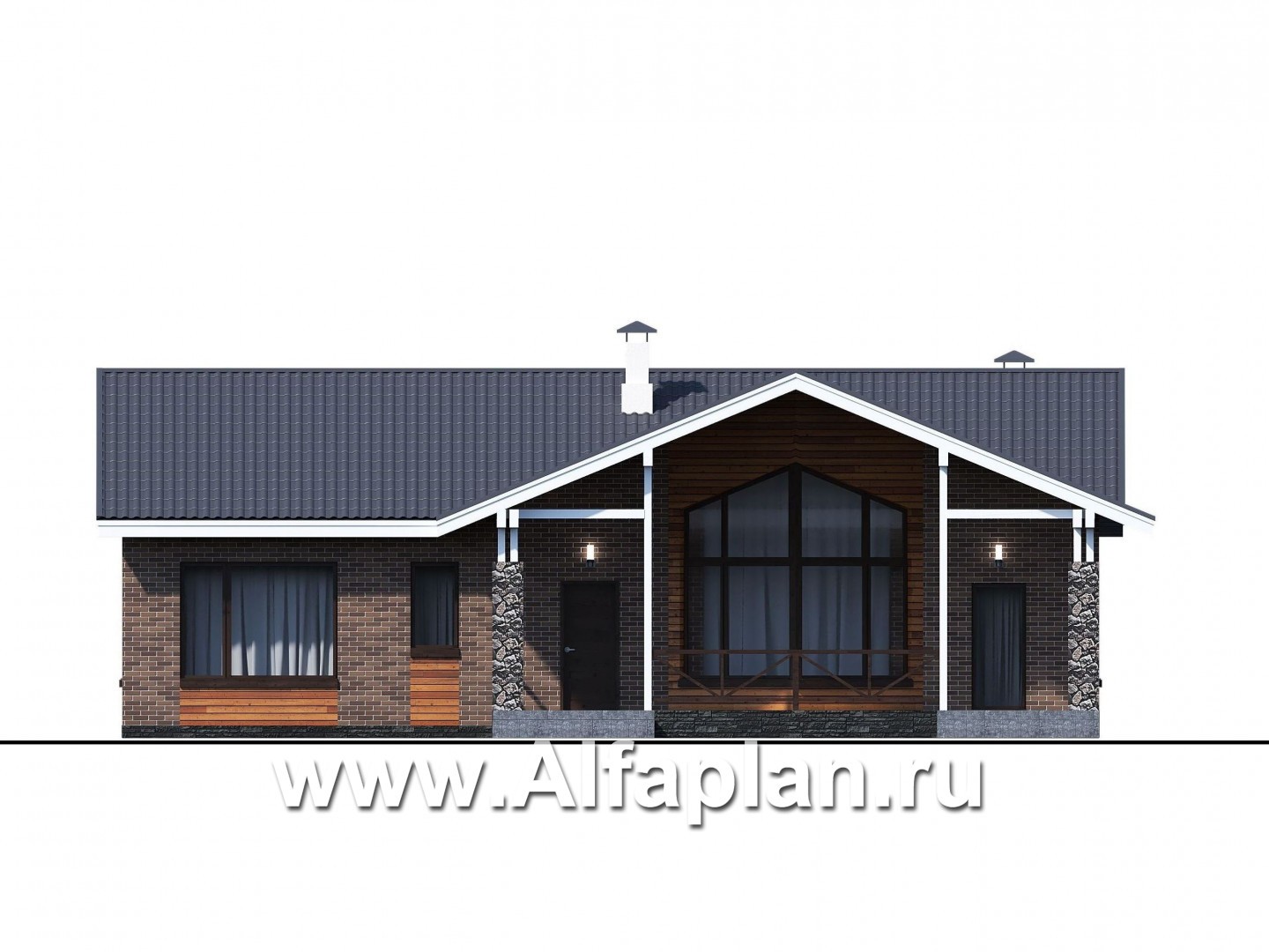 Проекты домов Альфаплан - «Бережки» - одноэтажный коттедж:  удачный план дома, красивый фасад - изображение фасада №1