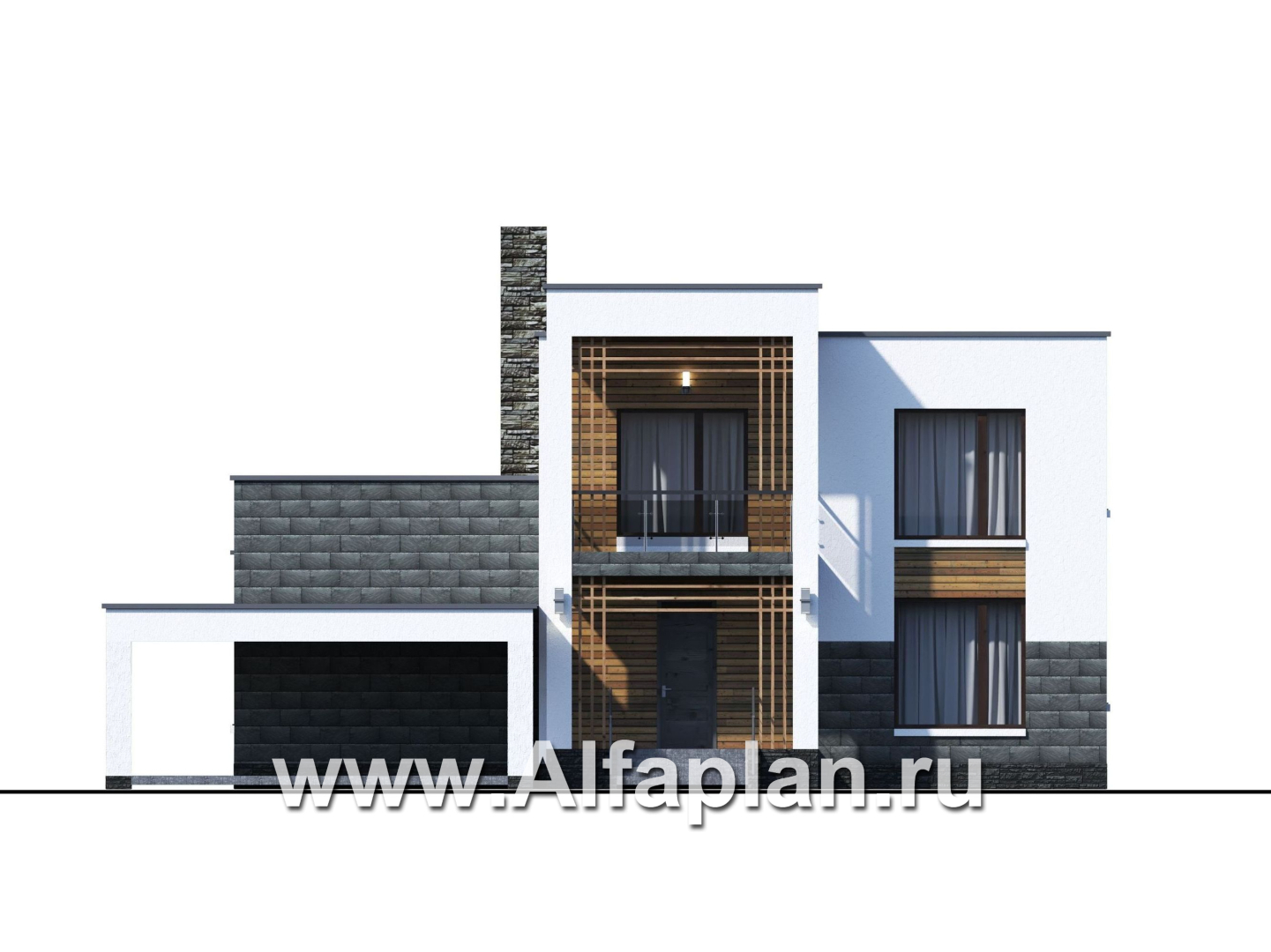 Проекты домов Альфаплан - «Футура» - современный двухэтажный дом с плоской кровлей и гаражом-навесом - изображение фасада №1