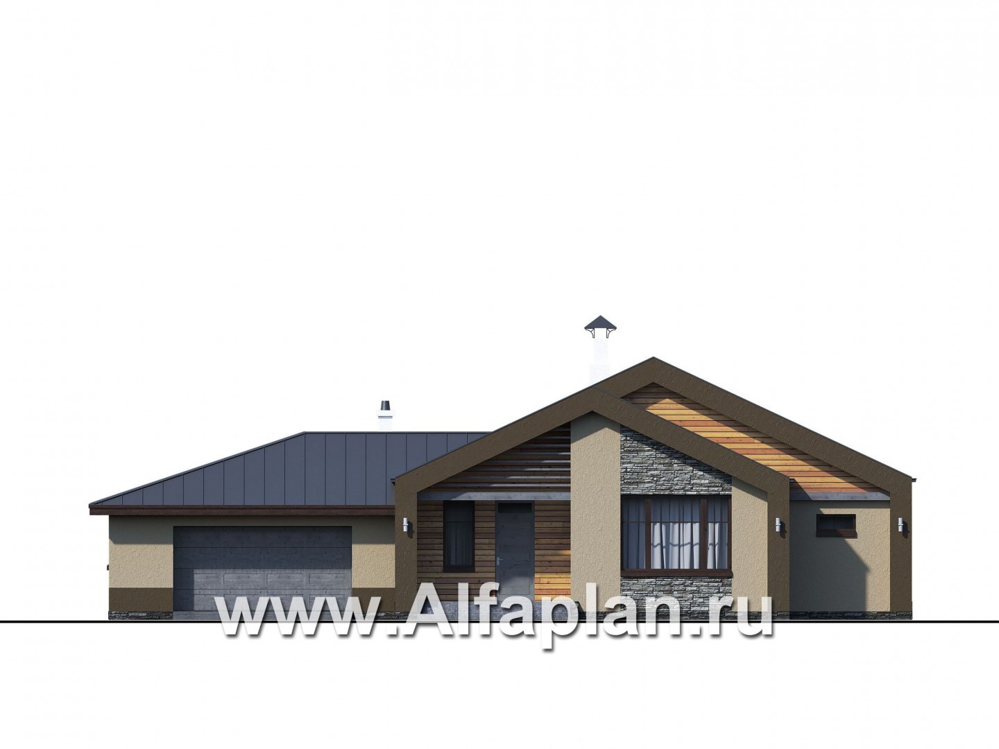 Проекты домов Альфаплан - «Аркада» - современный одноэтажный дом с сауной и большим гаражом - изображение фасада №1