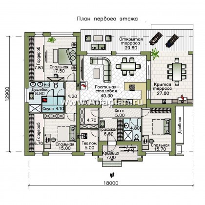 Проекты домов Альфаплан - «Мадейра» - комфортабельный одноэтажный коттедж с открытой террасой - превью плана проекта №1
