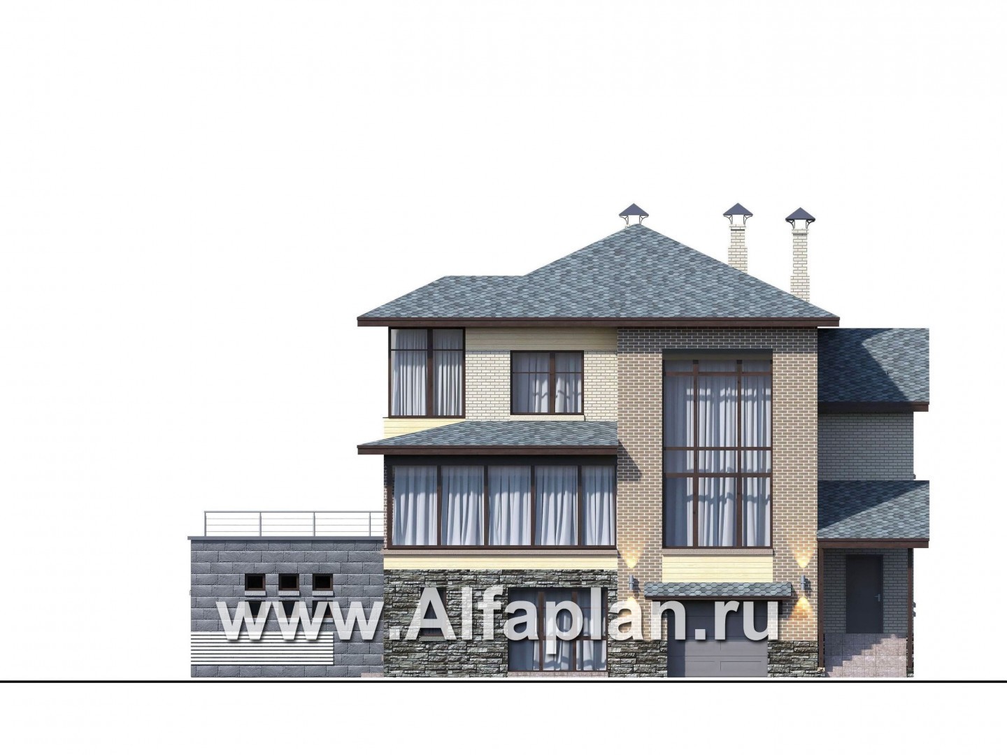 Проекты домов Альфаплан - "Амур" - трехэтажный особняк с гаражом и бассейном - изображение фасада №1