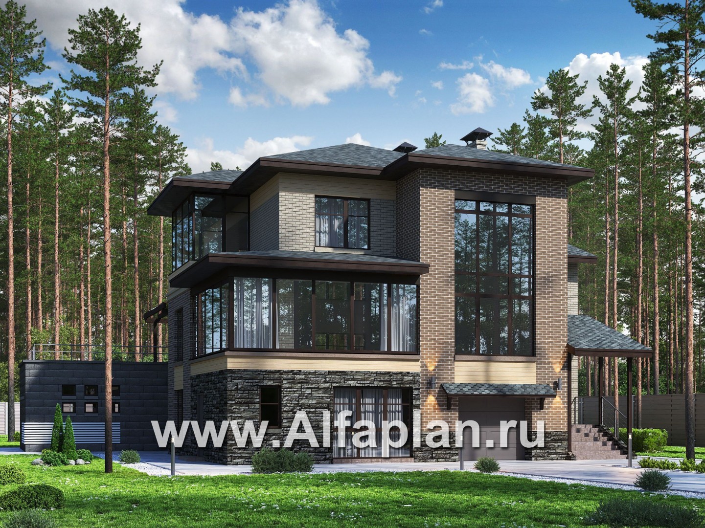 Проекты домов Альфаплан - "Амур" - трехэтажный особняк с гаражом и бассейном - основное изображение