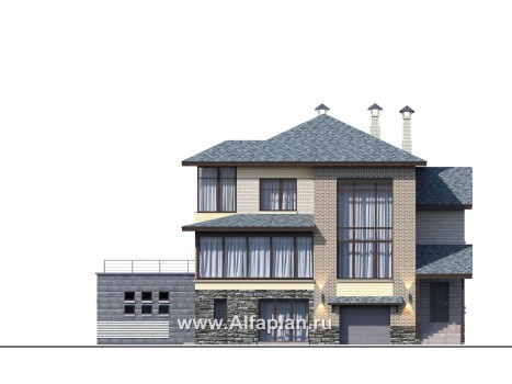 Проекты домов Альфаплан - "Амур" - трехэтажный особняк с гаражом и бассейном - превью фасада №1