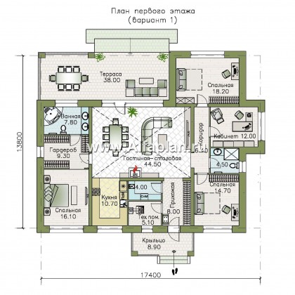 Проекты домов Альфаплан - «Аризона» - уютный одноэтажный дом с террасой - превью плана проекта №1