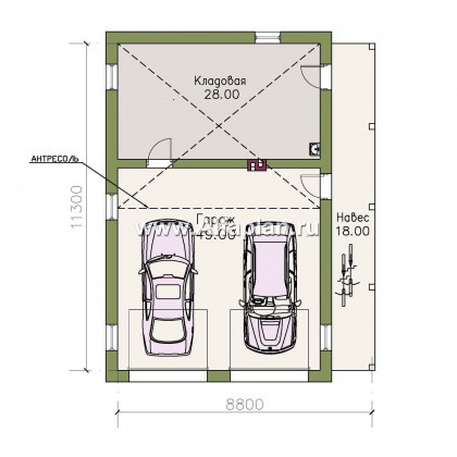 Проект гаража на 2 авто, с антресолью - превью план дома