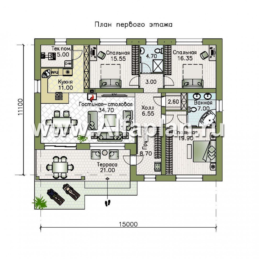 Проекты домов Альфаплан - "Гравитация" - проект одноэтажного дома с тремя спальнями - план проекта №1