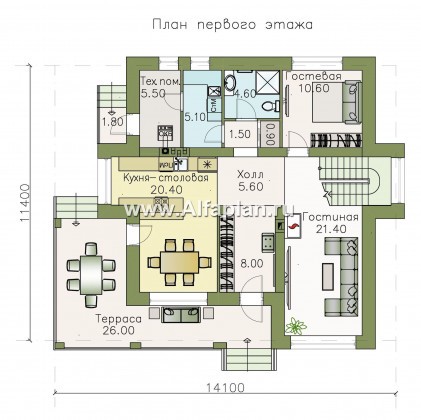Проекты домов Альфаплан - «Роман с камнем» — двухэтажный коттедж, со скрытой установкой ролет на окнах 1-го этажа - превью плана проекта №1