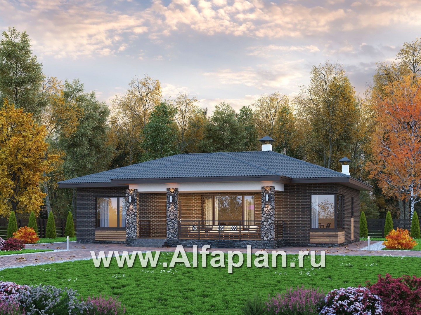 Проекты домов Альфаплан - "Соната" - проект компактного одноэтажного дома с тремя спальням - основное изображение