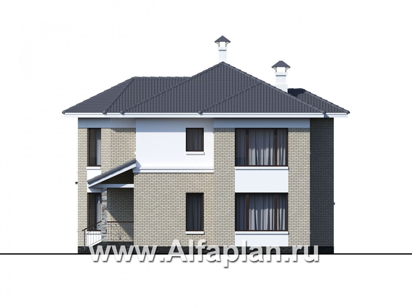 Проекты домов Альфаплан - «Меркурий» - классический двухэтажный дом с мастер-спальней в эркере - изображение фасада №2